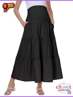 Maternity Maxi Skirt High Waist A-Line Tiered Flowy with Pockets
